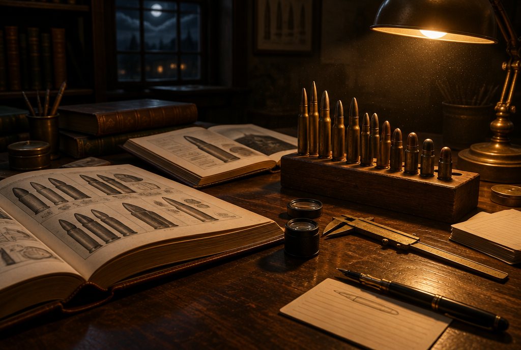A researcher's desk at night with reference books, calipers and a row of cartridges
