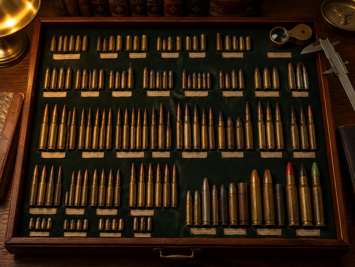 A collector's drawer of cartridges on green baize