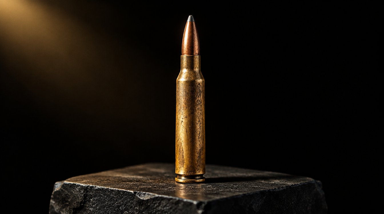 A brass rifle cartridge standing on a slate plinth under a single warm light